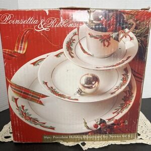 Vintage K-mart exclusive dinnerware set NIB Pointettia & Ribbons Dinnerware Set